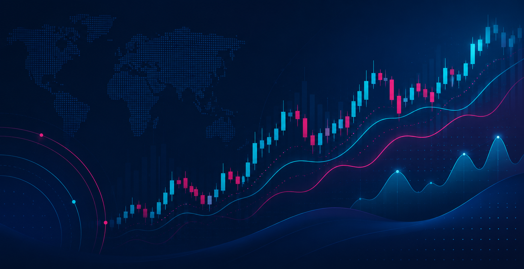 Abstract financial market chart with candlesticks and analytical trend lines.